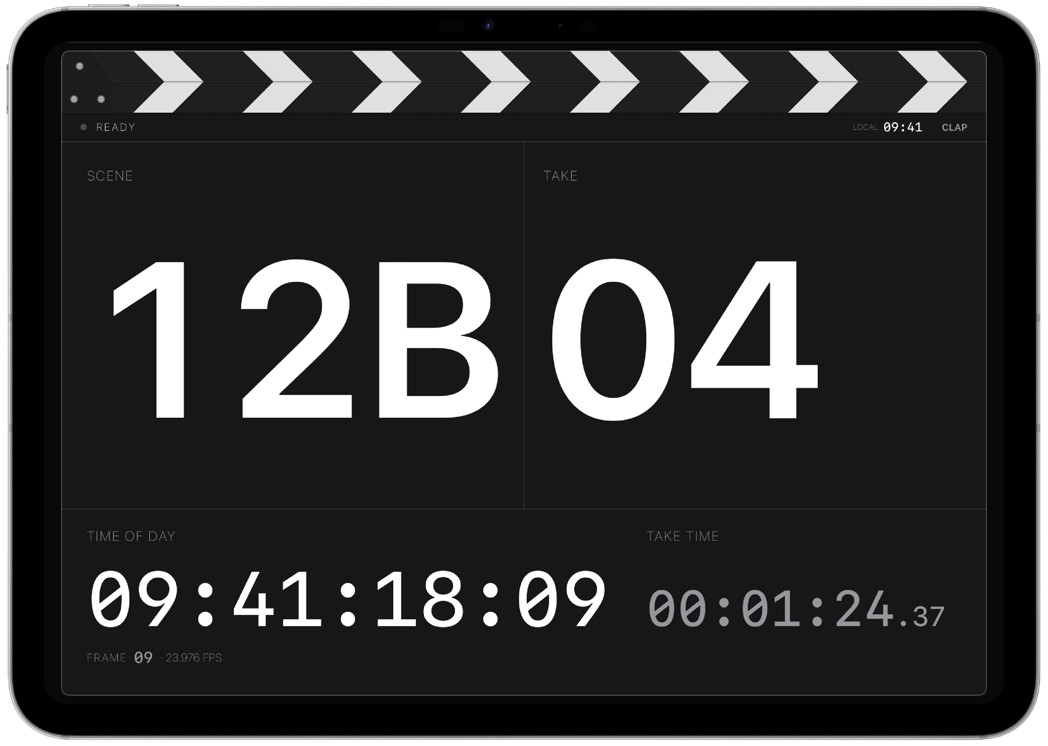 Pacing Dark Slate on iPad, with scene 12B, take 04 and time readouts against a dark background.