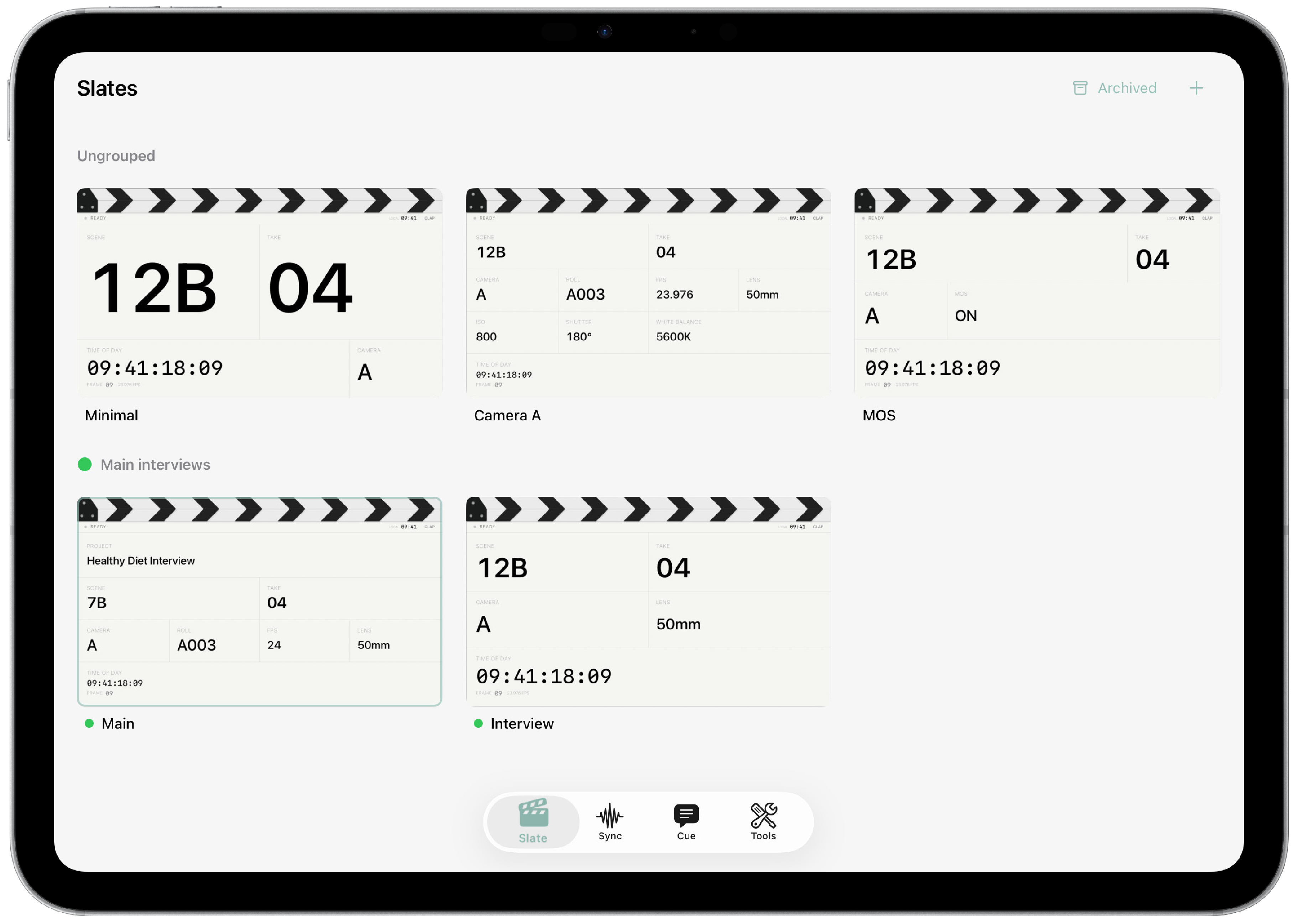 Pacing Slate Gallery on iPad, showing saved clapperboards organized into groups with an Archived control and a button to add slates.