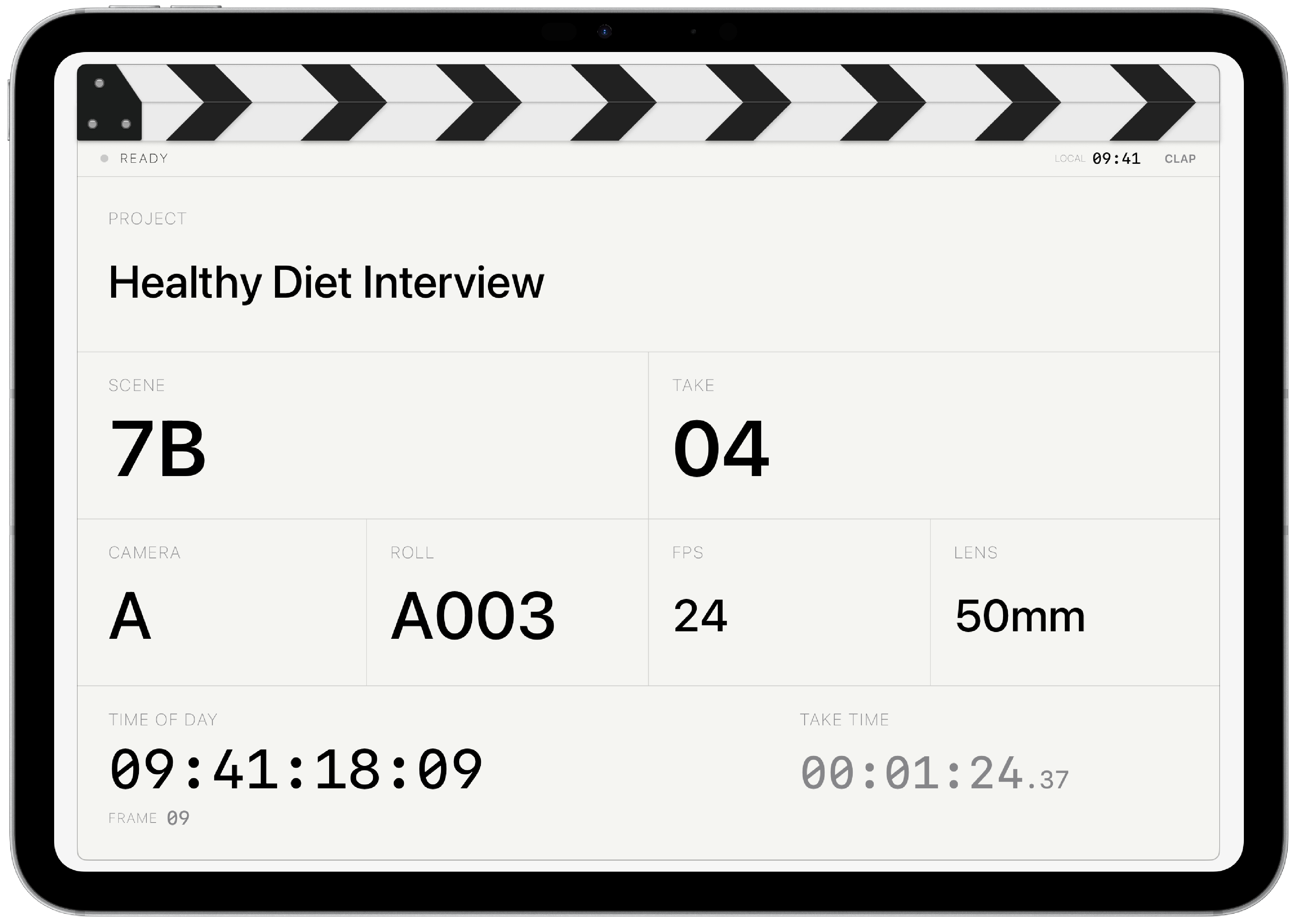 Pacing Light Slate on iPad, with project, scene, take, camera metadata, time of day and take duration.